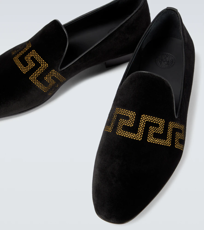 Shop Versace Greca Velvet Loafers In Nero+oro