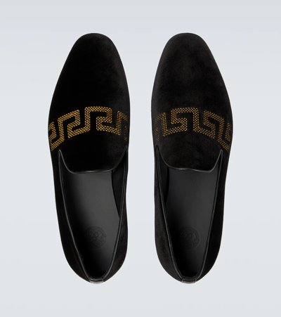 Shop Versace Greca Velvet Loafers In Nero+oro