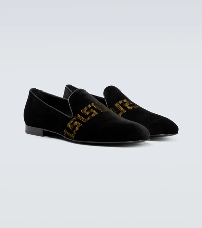 Shop Versace Greca Velvet Loafers In Nero+oro