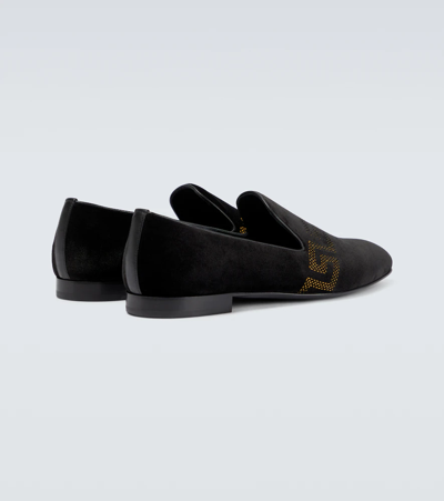 Shop Versace Greca Velvet Loafers In Nero+oro