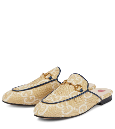 Shop Gucci Gg Princetown Raffia-effect Slippers In Natural-m.whi/blu.ag