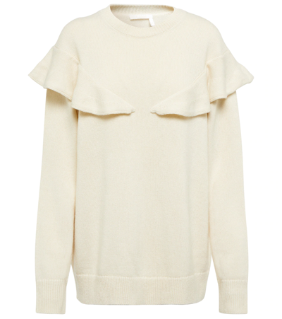 Shop Chloé Ruffle-trimmed Cashmere Sweater In White Powder