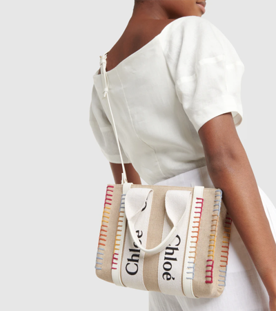 Shop Chloé Woody Small Embroidered Canvas Tote In White