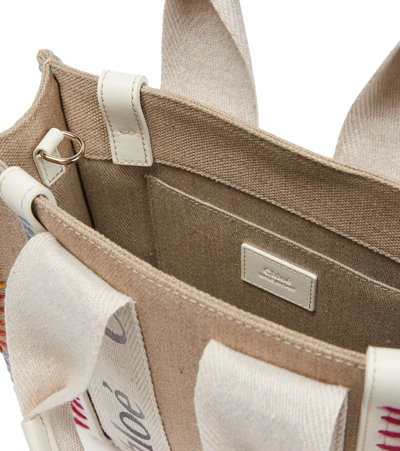 Chloé Woody Small Leather-trimmed Linen-canvas Tote In White