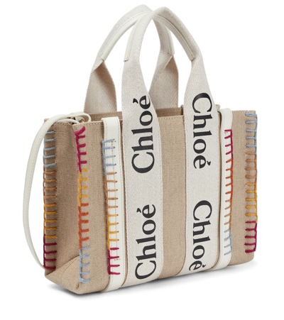 Shop Chloé Woody Small Embroidered Canvas Tote In White