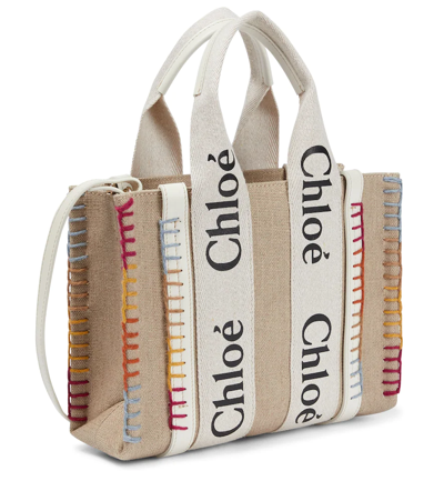 Chloé Woody Small Leather-trimmed Linen-canvas Tote In White