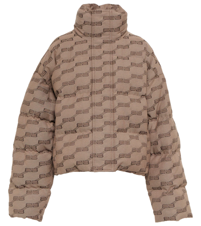 Shop Balenciaga Logo Jacquard Puffer Jacket In Beige/brown