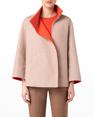 Shop Akris Cashmere Snap-front Short Reversible Coat In Camel-poppy Red