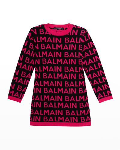 Shop Balmain Girl's Contrast Logo-print Knit Dress In 930fu Fuschia