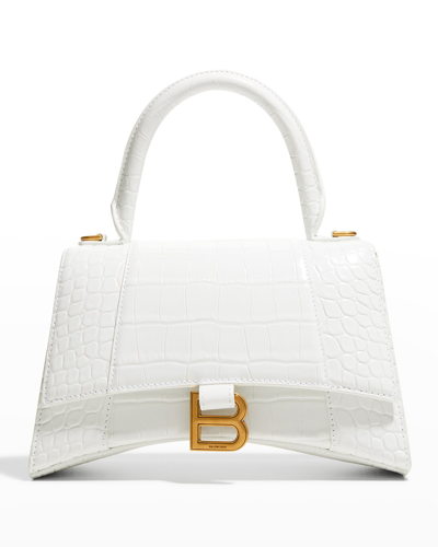 Shop Balenciaga Hourglass Small Croc-embossed Top-handle Bag In Optic White