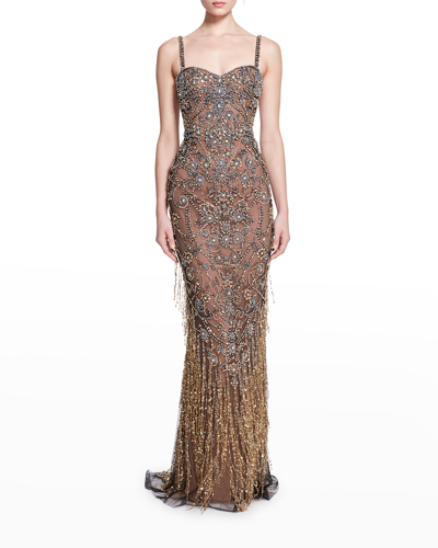 Shop Marchesa Crystal Embroidered Fringe Mermaid Gown In Black Multi