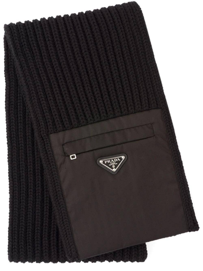Shop Prada Pocket Detail Knitted Scarf In Black
