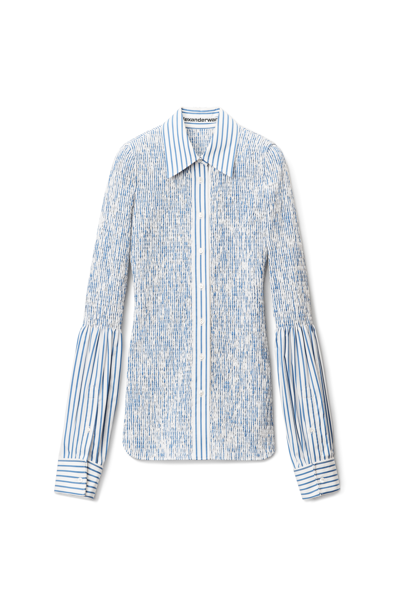 Shop Alexander Wang Smocked Striped Shirt In Cotton Poplin In White/blue