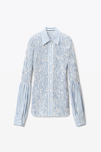 Shop Alexander Wang Smocked Striped Shirt In Cotton Poplin In White/blue