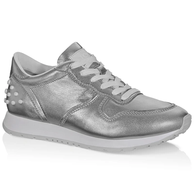 Tod's Leather Sneakers In Silver