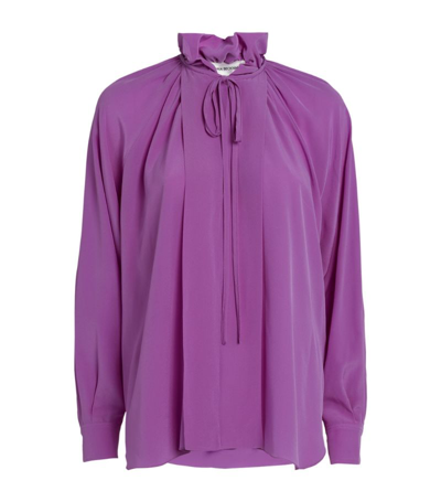 Shop Victoria Beckham Silk Ruched-neck Blouse In Purple