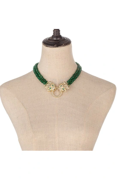 Eye Candy Los Angeles Double Leopard Natural Stone Necklace In Green