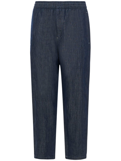 Shop Emporio Armani Logo Embroidered Straight Leg Pants In Blue