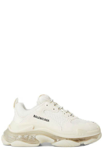 Shop Balenciaga Triple S Logo Embroidered Sneakers In Beige