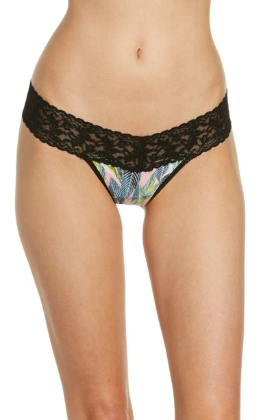 Shop Hanky Panky Mid Rise Lace Trim Thong In Tropical Jersey/ Bla