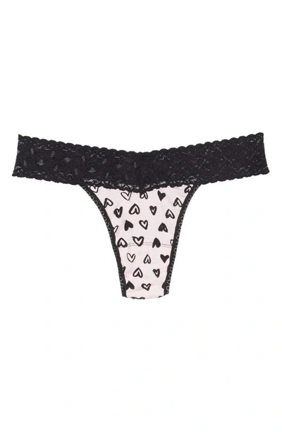 Shop Hanky Panky Mid Rise Lace Trim Thong In Graffiti Hearts/blac