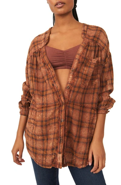 Shop Free People One Of The Boys Plaid Tunic Shirt In Brown Combo