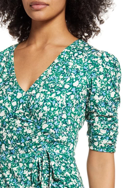 Shop Vince Camuto Floral Print Ruched V-neck Dress In Green