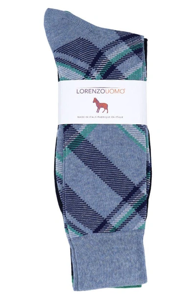 Shop Lorenzo Uomo 3-pack Assorted Plaid Cotton Blend Dress Socks In Denim