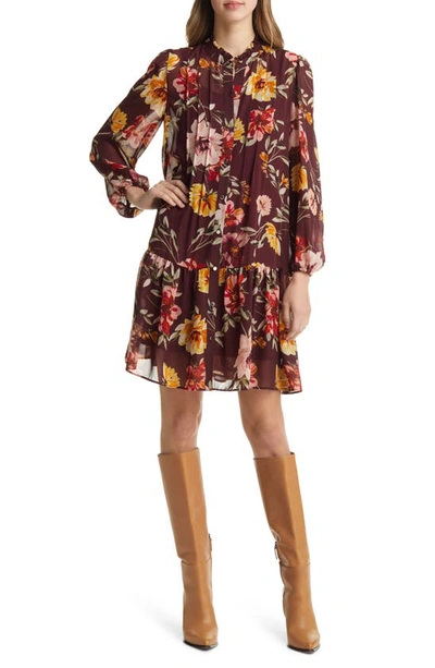 Julia Jordan Floral Print Pleated Long Sleeve A-line Dress In Brown Multi