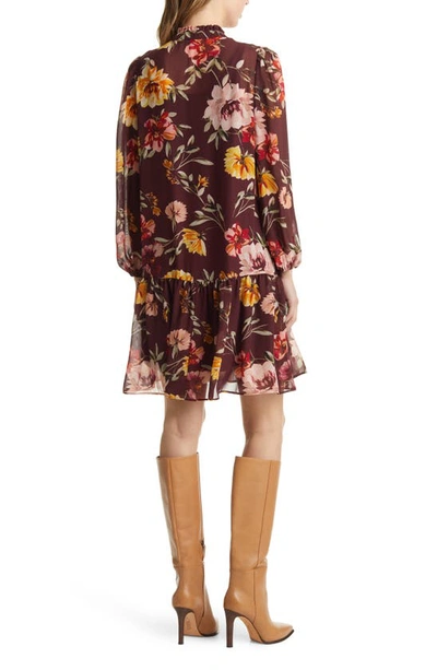 Julia Jordan Floral Print Pleated Long Sleeve A-line Dress In Brown Multi