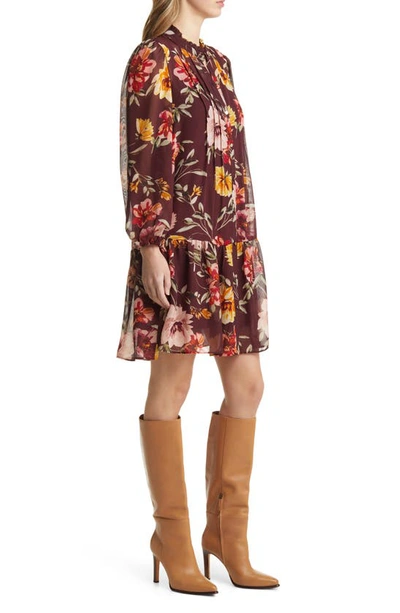 Julia Jordan Floral Print Pleated Long Sleeve A-line Dress In Brown Multi