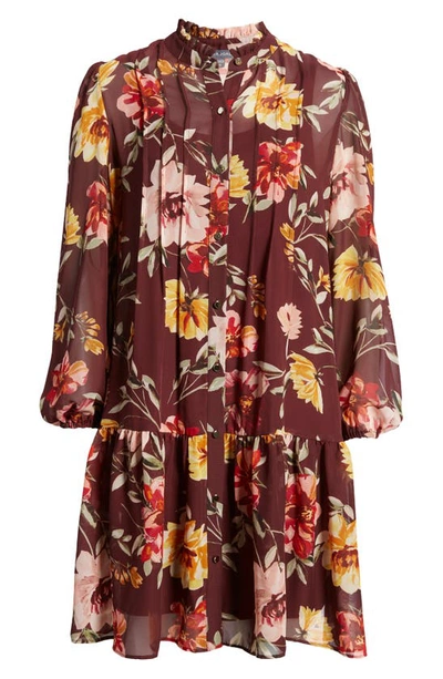 Julia Jordan Floral Print Pleated Long Sleeve A-line Dress In Brown Multi