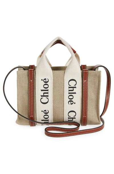 Chloé Mini Woody Logo Strap Canvas Tote In White - Brown 1