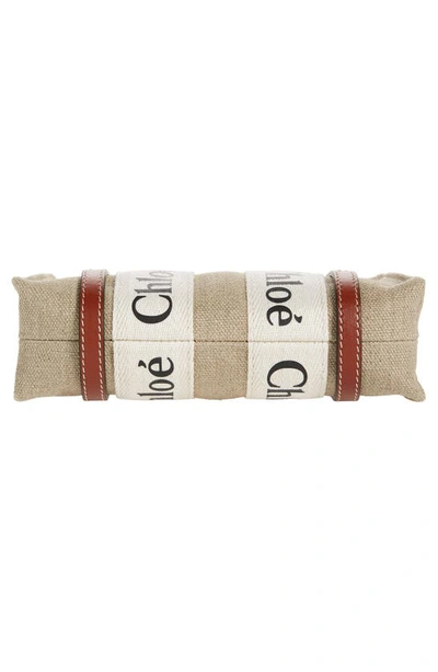 Shop Chloé Mini Woody Logo Strap Canvas Tote In White - Brown 1