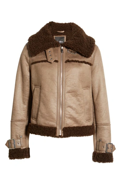 Shop Sam Edelman Fleece Trim Faux Leather Bomber Jacket In Light Brow