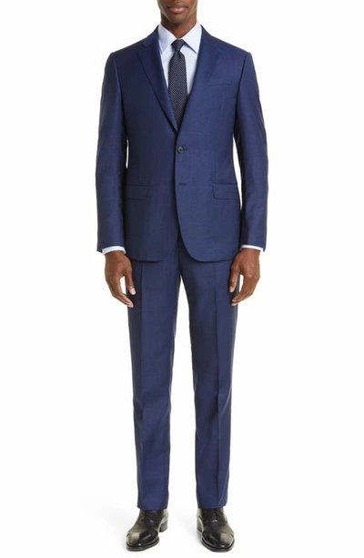 Shop Emporio Armani G-line Plaid Virgin Wool Suit In Solid Dark Blue