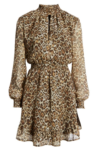 Shop Charles Henry Smocked Cutout Long Sleeve Minidress In Leopard