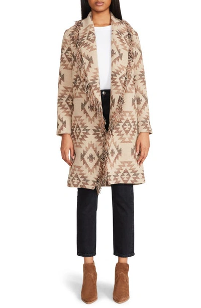 Bb Dakota By Steve Madden Fringe Shawl Collar Coat In Brown Aztec
