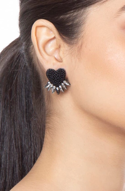 Shop Deepa Gurnani Danika Beaded Fringe Heart Stud Earrings In Black