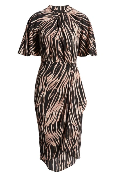 Shop Maggy London Abstract Stripe Knot Neck Midi Dress In Black/ Cinnamon Swirl