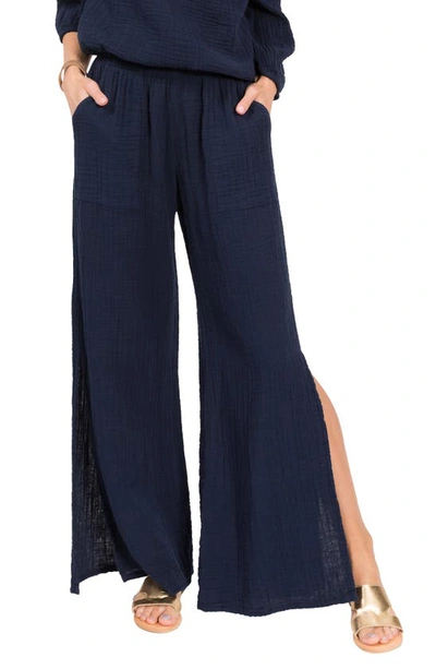 Everyday Ritual Riley Slit Wide-leg Cotton Gauze Pants In Navy