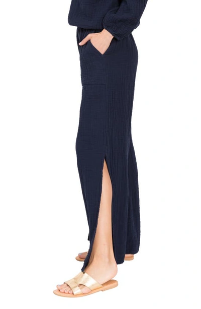 Everyday Ritual Riley Slit Wide-leg Cotton Gauze Pants In Navy