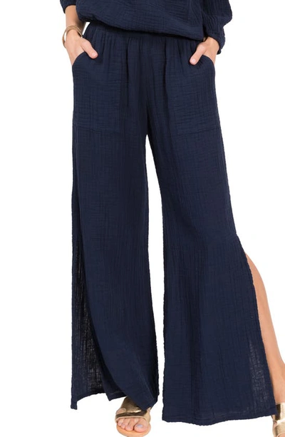 Everyday Ritual Riley Slit Wide-leg Cotton Gauze Pants In Navy