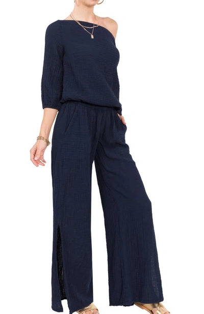 Everyday Ritual Riley Slit Wide-leg Cotton Gauze Pants In Navy