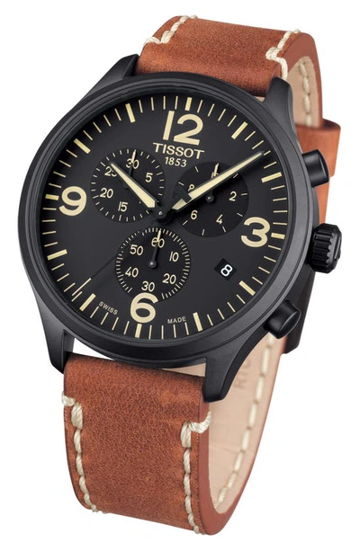 Shop Tissot Chrono Xl Leather Strap Chronograph Watch, 45mm In Brown/ Black