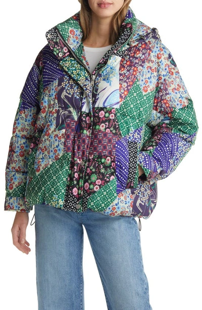 Shop Avec Les Filles Patchwork Quilted Hooded Puffer Coat In Multi Patchwork