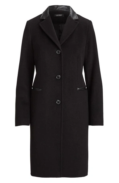 Shop Lauren Ralph Lauren Faux Leather Trim Wool Blend Coat In Black