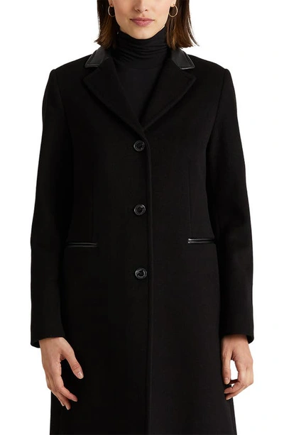 Shop Lauren Ralph Lauren Faux Leather Trim Wool Blend Coat In Black