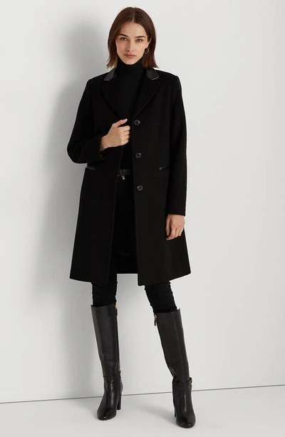 Shop Lauren Ralph Lauren Faux Leather Trim Wool Blend Coat In Black