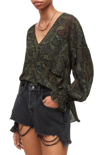 Shop Allsaints Penny Tamora Long Sleeve High-low Blouse In Khaki Green